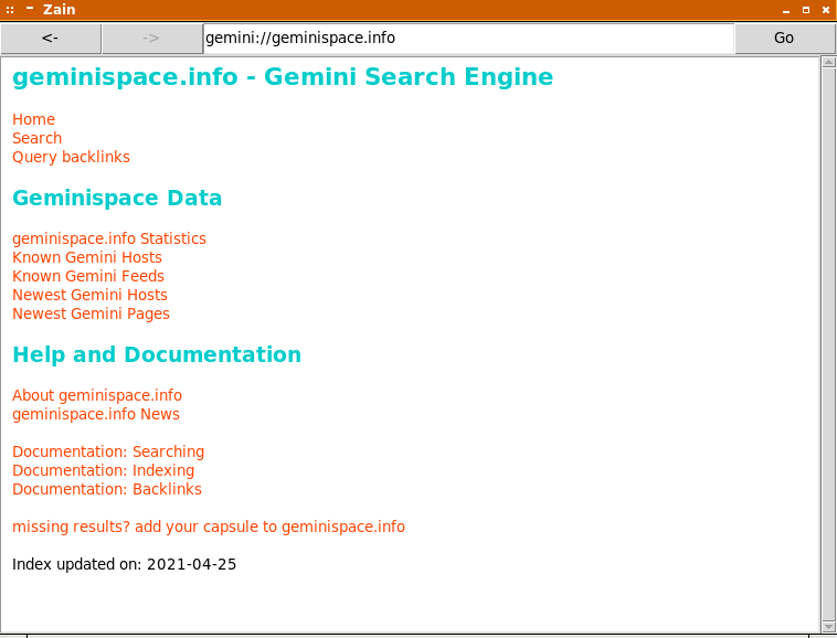 Zain: page d&rsquo;accueil du moteur de recherche