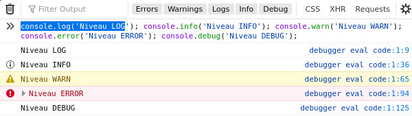 Console Javascript: les niveaux
