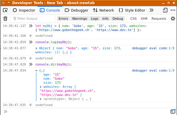 Console Javascript: log vs dir