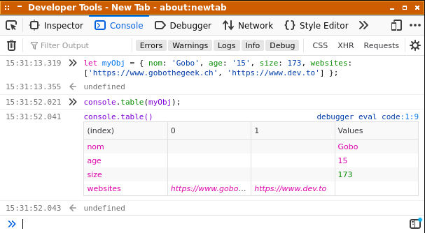 Console Javascript: table